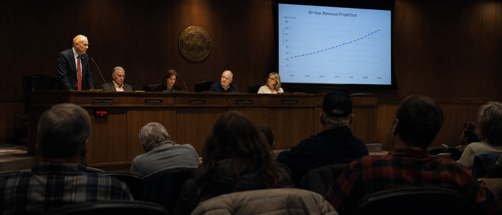 A municipal council chamber during an evening rate hearing — five council members at a wooden dais, one standing at a microphone, a projector screen behind them, and citizens in the gallery.